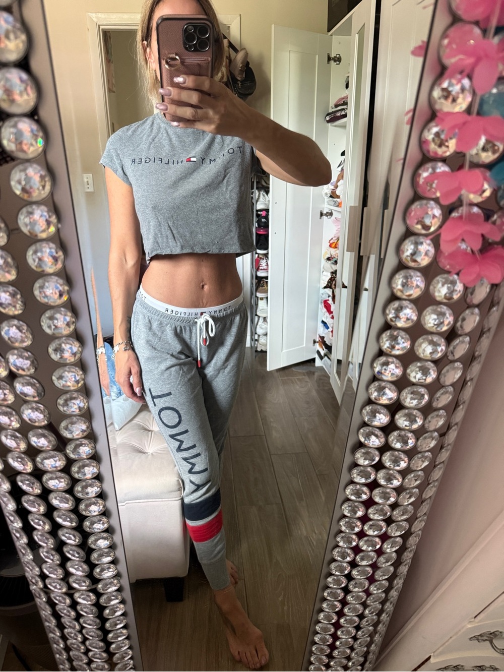 Tommy Hilfiger Gray Cropped Logo Tee and Accent Stripe Joggers
